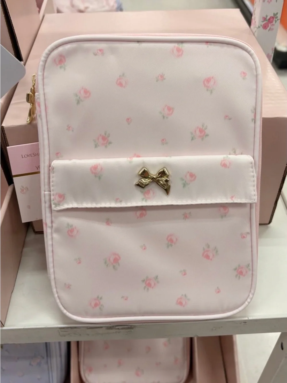 Love Shack Fancy Pink Floral Cosmetic/Tech Organizer Pouch with Gold Bow